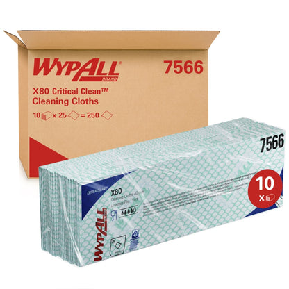 Zobrazená krabice s nápisem "WypAll® X80 Critical Clean - Interfold, 41,00 cm x 33,00 cm" od Kimberly-Clark GmbH, se stohovanými utěrkami pro kritické prostředí v plastových obalech, které poukazují na 10 balení po 25 utěrkách pro průmyslové čištění.