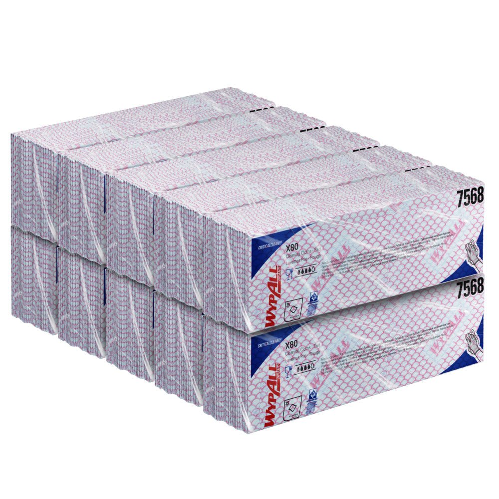 Stoh Kimberly-Clark GmbH WypAll® X80 Critical Clean Interfold utěrek (41 x 33 cm), článek 7568, s červeno-modrým mřížkovým vzorem, ve dvou řadách po čtyřech krabicích - ideální pro kritické prostředí.