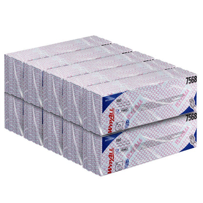 Stoh Kimberly-Clark GmbH WypAll® X80 Critical Clean Interfold utěrek (41 x 33 cm), článek 7568, s červeno-modrým mřížkovým vzorem, ve dvou řadách po čtyřech krabicích - ideální pro kritické prostředí.