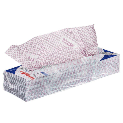 Obdélníková krabice s Kimberly-Clark GmbH WypAll® X80 Critical Clean jednorázovými utěrkami (41 x 33 cm) s geometrickým vzorem a nápisem "WYPALL", ideální pro průmyslové čištění v kritických prostředích.
