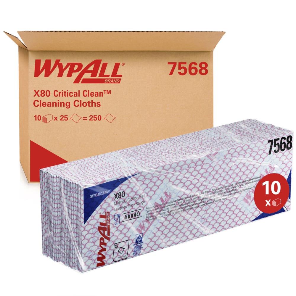 Krabice WypAll® X80 Critical Clean - Interfold (41,00 cm x 33,00 cm) od Kimberly-Clark GmbH stojí za složenými bílými utěrkami s fialovým vzorem, na kterých je napsáno "10 x 25" a "250" - ideální pro kritické průmyslové čištění.