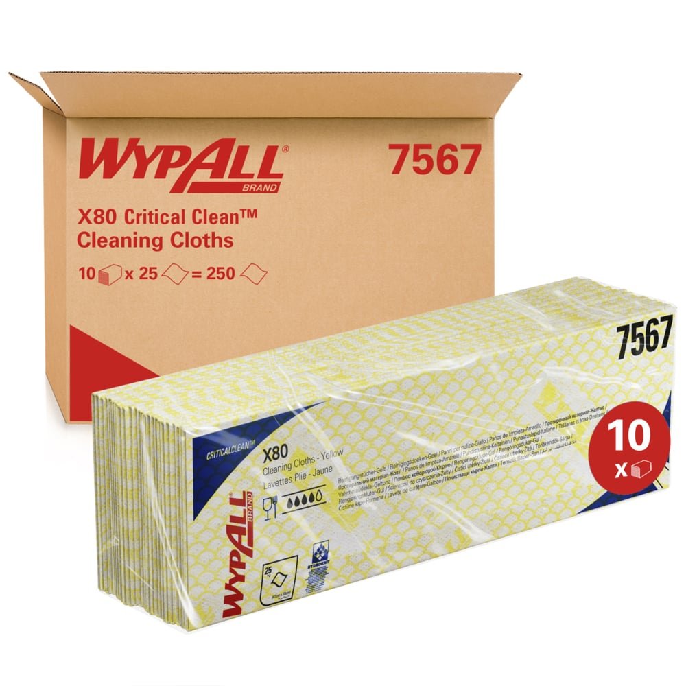 Za žlutými a bílými utěrkami pro kritické prostředí stojí krabice WypAll® X80 Critical Clean - Interfold od Kimberly-Clark GmbH, označená 10 baleními po 25 kusech (celkem 250) pro průmyslové čištění, každá 41 x 33 cm.