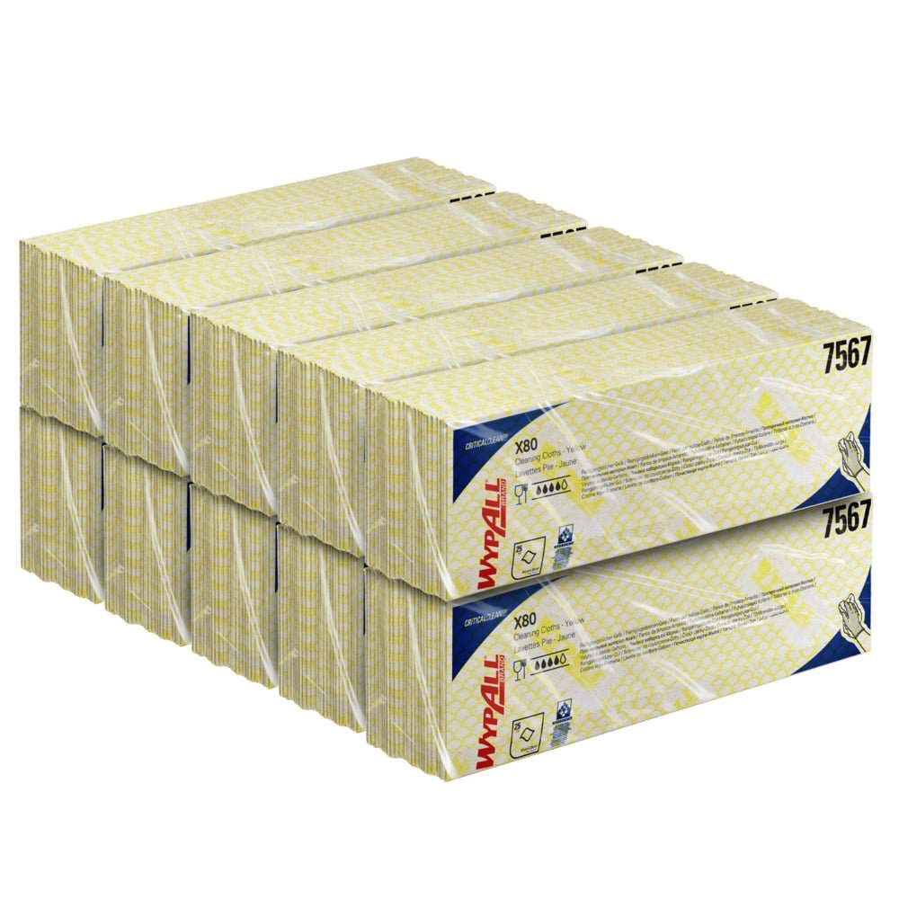 Velký stoh utěrek WypAll® X80 Critical Clean - Interfold (41,00 x 33,00 cm) od Kimberly-Clark GmbH, produkt 7567, ve žlutých, bílých a modrých krabicích - ideální utěrky pro kritické prostředí.