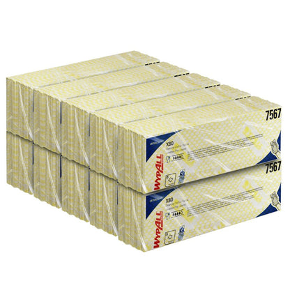 Velký stoh utěrek WypAll® X80 Critical Clean - Interfold (41,00 x 33,00 cm) od Kimberly-Clark GmbH, produkt 7567, ve žlutých, bílých a modrých krabicích - ideální utěrky pro kritické prostředí.