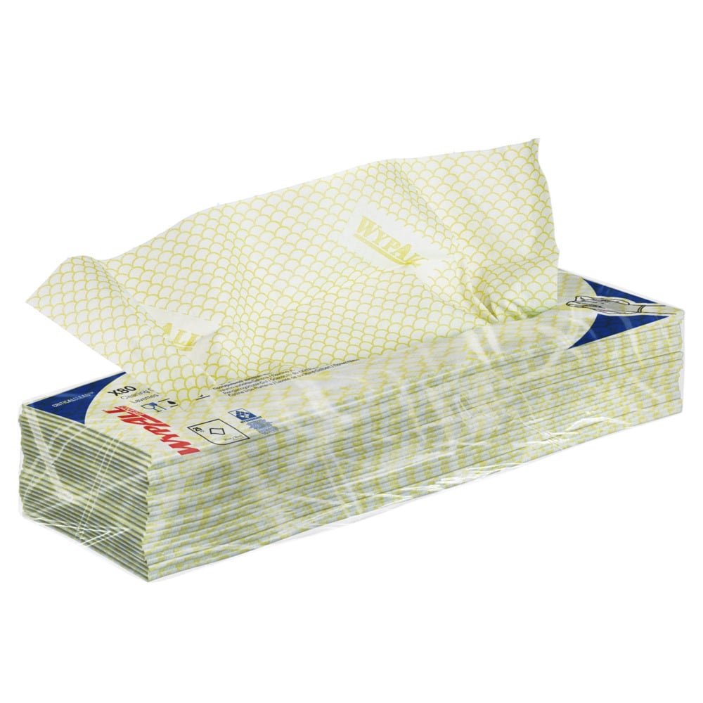 Obdélníková krabice WypAll® X80 Critical Clean - Interfold (41 x 33 cm) od Kimberly-Clark GmbH, částečně otevřená, s vyčnívajícím ubrouskem. Převážně průhledný obal má modrý a červený popis, ideální pro průmyslové čištění.