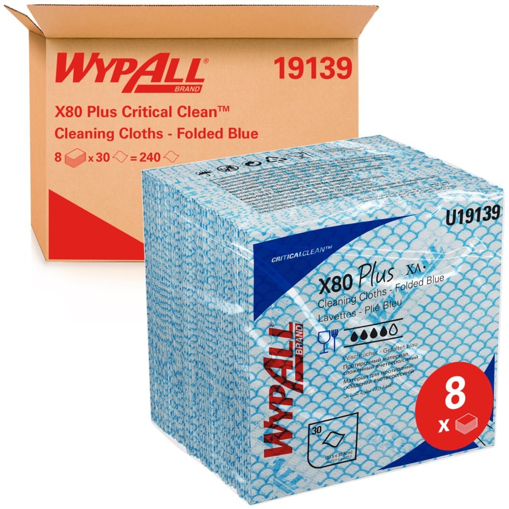 Karton Kimberly-Clark GmbH WypAll® X80 Plus Critical Clean, modré čtvrtinově složené utěrky pro kritická prostředí, obsahuje 8 balení po 30 listech (celkem 240 čisticích utěrek).