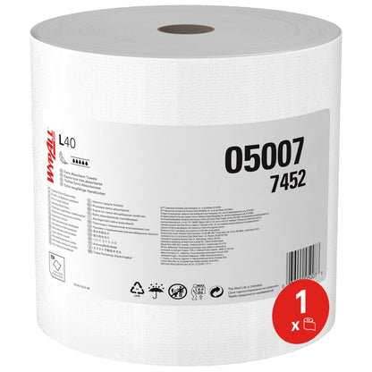 Velká bílá role WypAll® L40 PowerClean od Kimberly-Clark GmbH (1 role x 750 listů, karton) je opatřena číslem produktu 05007 7452, symboly použití a červeným symbolem "1 x", který zdůrazňuje vysokou savost.