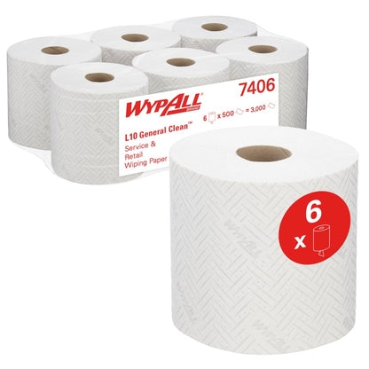 Zobrazeno je šest rolí papírových utěrek WypAll® L10 od Kimberly-Clark GmbH pro služby a maloobchod. Každá role s centrálním podáváním (38 x 18,3 cm) má 500 listů, celkem 3.000 listů na balení - ideální pro dávkovače Reach+™.