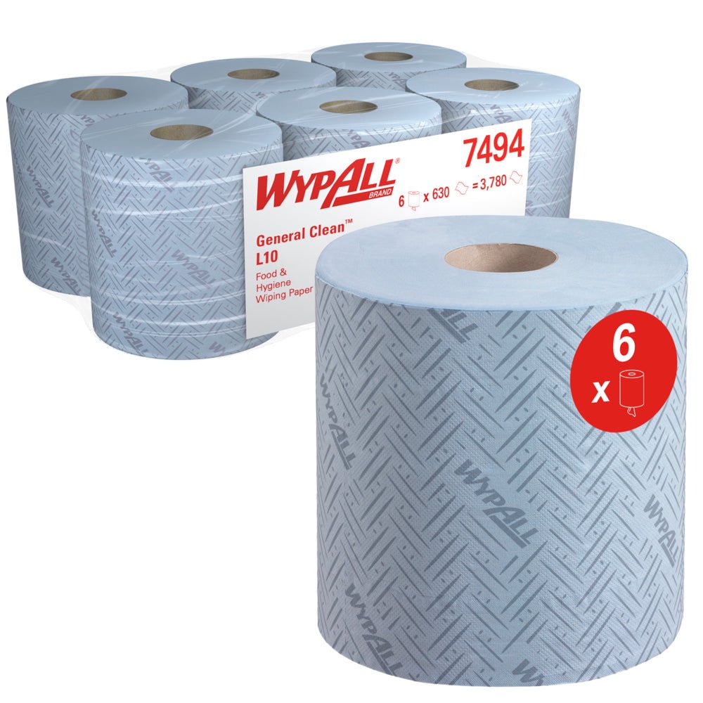 Šest rolí WypAll® L10 papírových utěrek pro potraviny a hygienu Centrefeed od Kimberly-Clark GmbH (6 x 630 listů), s detailním záběrem modré role a balení. Ideální pro hygienické použití v potravinářství.