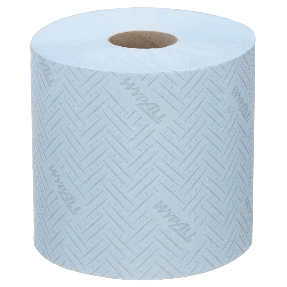 Der WypAll® L20 Papierwischtuch von Kimberly-Clark GmbH ist ein hellblaues Wischtuch für industrielle Reinigungsaufgaben, im praktischen Zentralentnahme-System (38,00 cm x 18,30 cm) mit Sicht auf den braunen Kern.