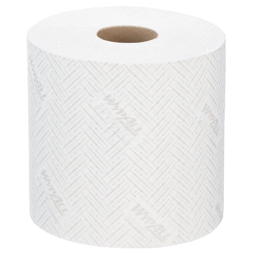 Eine einzelne Rolle WypAll® L20 Papierwischtuch von Kimberly-Clark GmbH (38,00 cm x 18,30 cm) für industrielle Reinigungsaufgaben, mit dezentem Muster und "WYPALL" Aufdruck, wird unbenutzt auf weißem Hintergrund gezeigt.