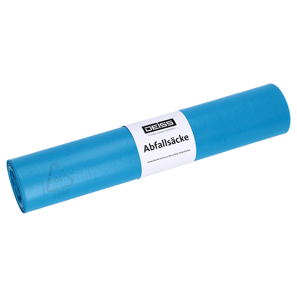 Eine Rolle DEISS 20304 blaue Müllsäcke (800x1000 mm, Typ 60, 25 Stück) von EMIL DEISS KG (GmbH + Co.) mit weißem "DEISS Abfallsäcke"-Etikett auf weißem Grund - ideal für die zuverlässige Abfallentsorgung.