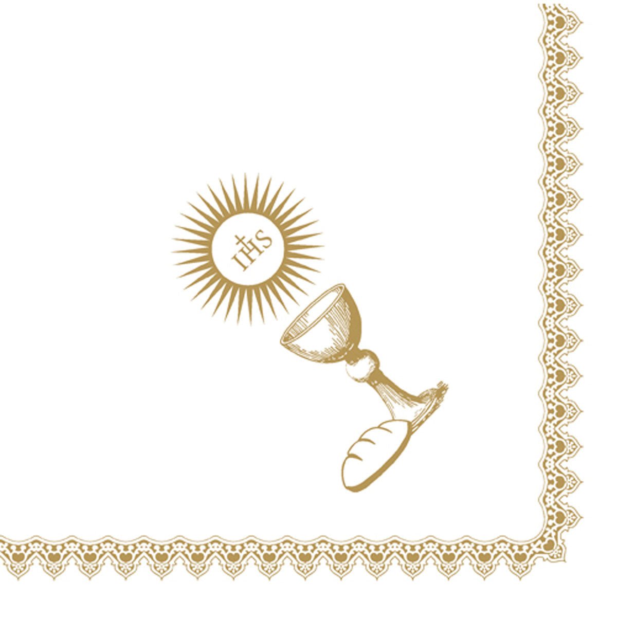 Zlatý kalich na večeři, hostie s IHS a chléb jsou zobrazeny vedle krajkového okraje na bílém pozadí. Dunisoft ubrousky 40 x 40 cm 1/4 skládání od Duni GmbH jsou perfektní pro zvláštní příležitosti.