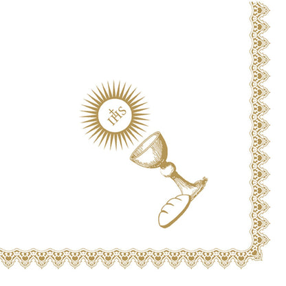 Zlatý kalich na večeři, hostie s IHS a chléb jsou zobrazeny vedle krajkového okraje na bílém pozadí. Dunisoft ubrousky 40 x 40 cm 1/4 skládání od Duni GmbH jsou perfektní pro zvláštní příležitosti.