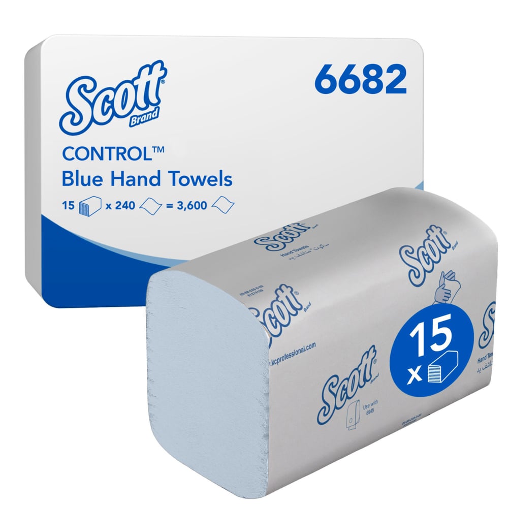 Jeden karton Scott® Control™ Interfold modré ručníky od Kimberly-Clark obsahuje 15 balení po 240 listech (č. 6682), celkem 3 600 hygienických papírových ručníků na karton.