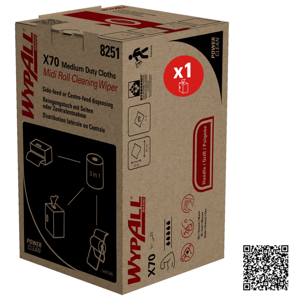 Na obrázku je hnědá krabice společnosti Kimberly-Clark GmbH s WypAll® X70 PowerClean Midi Roll/Modrá (1 krabice x 207 listů) s podrobnostmi o produktu, obrázky, červeným "x1" kruhem a QR kódem v pravém dolním rohu.