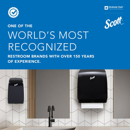 Eine Toilette mit einem Scott Papierhandtuchspender, einem Kimberly-Clark Professional™ Coreless Toilet Tissue Spender (Weiß) und einem Scott Seifenspender über dem Waschbecken. Der obere Bereich hebt 150 Jahre Erfahrung und Nachhaltigkeit von Scott hervor.