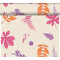 Béžový, strukturovaný Dunicel Tete-a-Tete běhoun na stůl (0,4x24m) od společnosti Duni GmbH s opakujícím se vzorem podzimních listů, kapradin, šišek a bobulí v oranžové, růžové a fialové barvě - ideální pro zářivou, podzimní dekoraci stolu. Nahoře částečně svinutý.