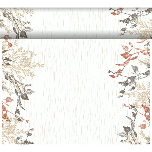 Das Bio-DC Tete a Tete (0.4x24m) von Duni GmbH hat einen beigen Hintergrund, dünne vertikale Linien und braune, beige und schwarze botanische Kunst auf der Oberseite und an den Seiten - ideal für Naturholz Dekoration. Inklusive passender horizontaler Umrandung am oberen Rand.