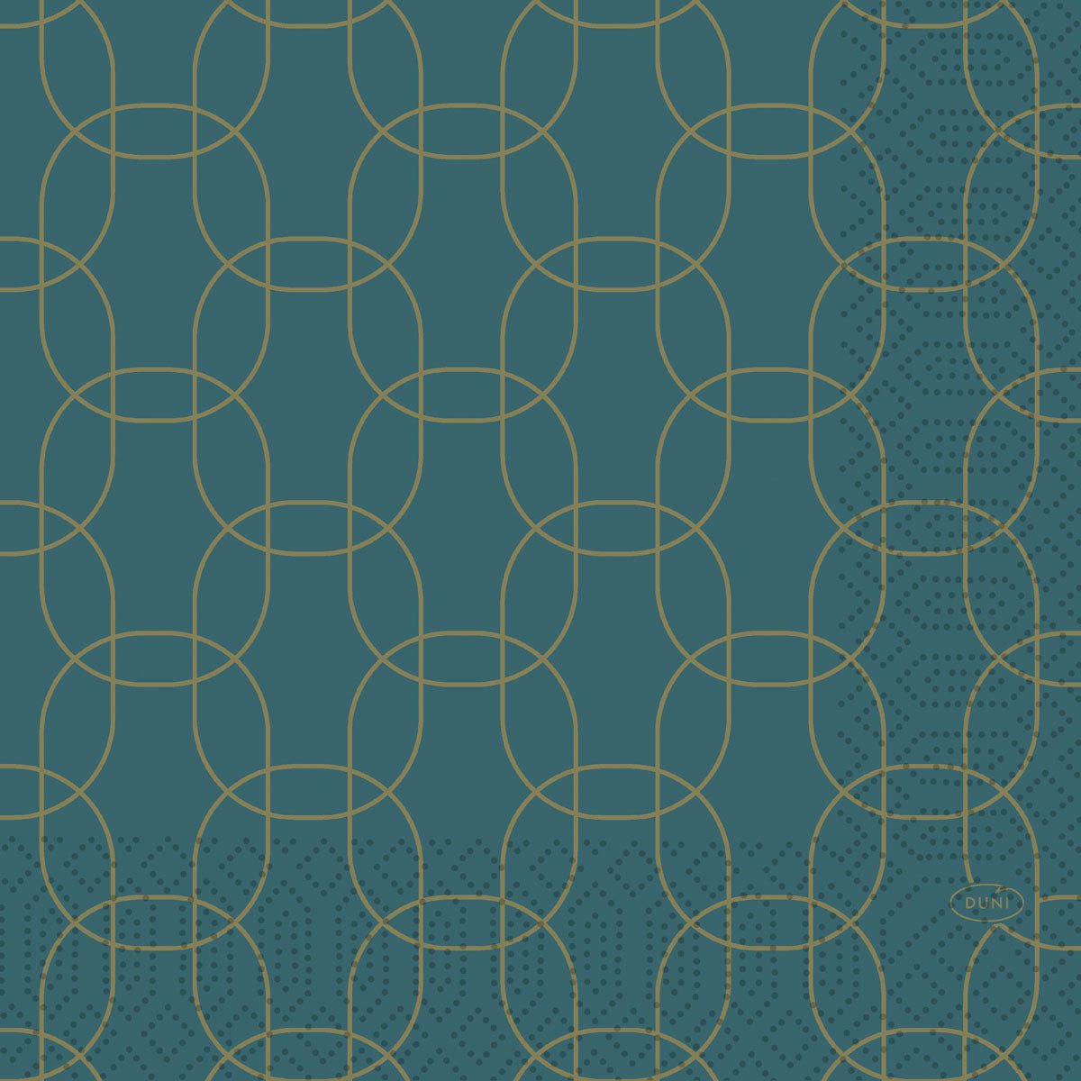Ubrousky 33x33 cm, 3-vrstvé, Golden Deco od Duni GmbH mají tyrkysové pozadí s překrývajícími se zlatými kruhy a ovály, tečkované akcenty dole vpravo a malý nápis "DUNI" - ideální pro slavnostní příležitosti. Balení (50 kusů).