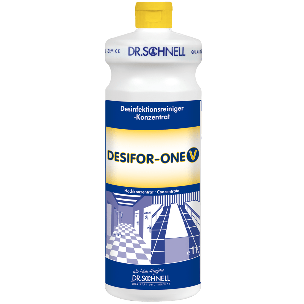 Bílá plastová láhev Dr. Schnell DESIFOR-ONE V dezinfekce ploch od DR.SCHNELL GmbH & Co. KGaA, se žlutým víčkem a modro-bílou etiketou s německým nápisem, ideální pro dezinfekci ploch v hygienických oblastech.