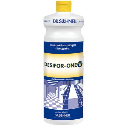 Bílá plastová láhev Dr. Schnell DESIFOR-ONE V dezinfekce ploch od DR.SCHNELL GmbH & Co. KGaA, se žlutým víčkem a modro-bílou etiketou s německým nápisem, ideální pro dezinfekci ploch v hygienických oblastech.