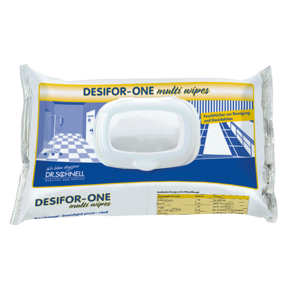 Balení Dr. Schnell DESIFOR-ONE MULTI WIPES dezinfekčních ubrousků na povrchy (100 ubrousků) od společnosti DR.SCHNELL GmbH & Co. KGaA je zobrazeno v bílém obalu s modrými a žlutými akcenty a nese nápis "omezeně virucidní PLUS" pro čištění a dezinfekci.