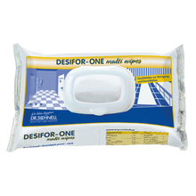 Eine Packung Dr. Schnell DESIFOR-ONE MULTI WIPES Flächendesinfektionstücher (100 Tücher) der DR.SCHNELL GmbH & Co. KGaA ist in einer weißen Verpackung mit blauen und gelben Akzenten abgebildet und trägt die Aufschrift "begrenzt viruzid PLUS" zur Reinigung und Desinfektion.