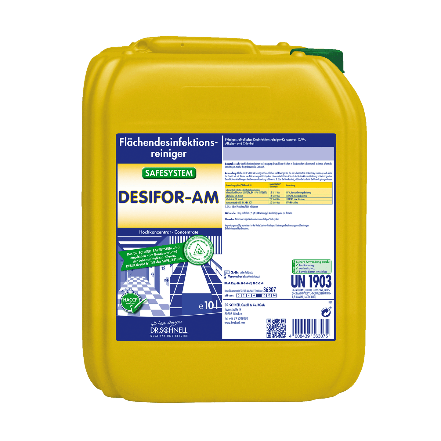 Ein gelber 10-Liter-Kunststoffbehälter von Dr. Schnell DESIFOR-AM Flächendesinfektion der DR.SCHNELL GmbH & Co. KGaA, mit Produktinformation und Sicherheitsetiketten in blau, weiß und grün.