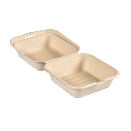 Clamshell 475 ml – nepotažený, hnědý, z bagasy, rozměry 155 × 155 × 80 od společnosti Duni GmbH (balení po 50 kusech) je biologicky rozložitelná, hnědavě zbarvená krabička na jídlo s tvarovanými vlákny – ekologický obal pro vaše pokrmy.
