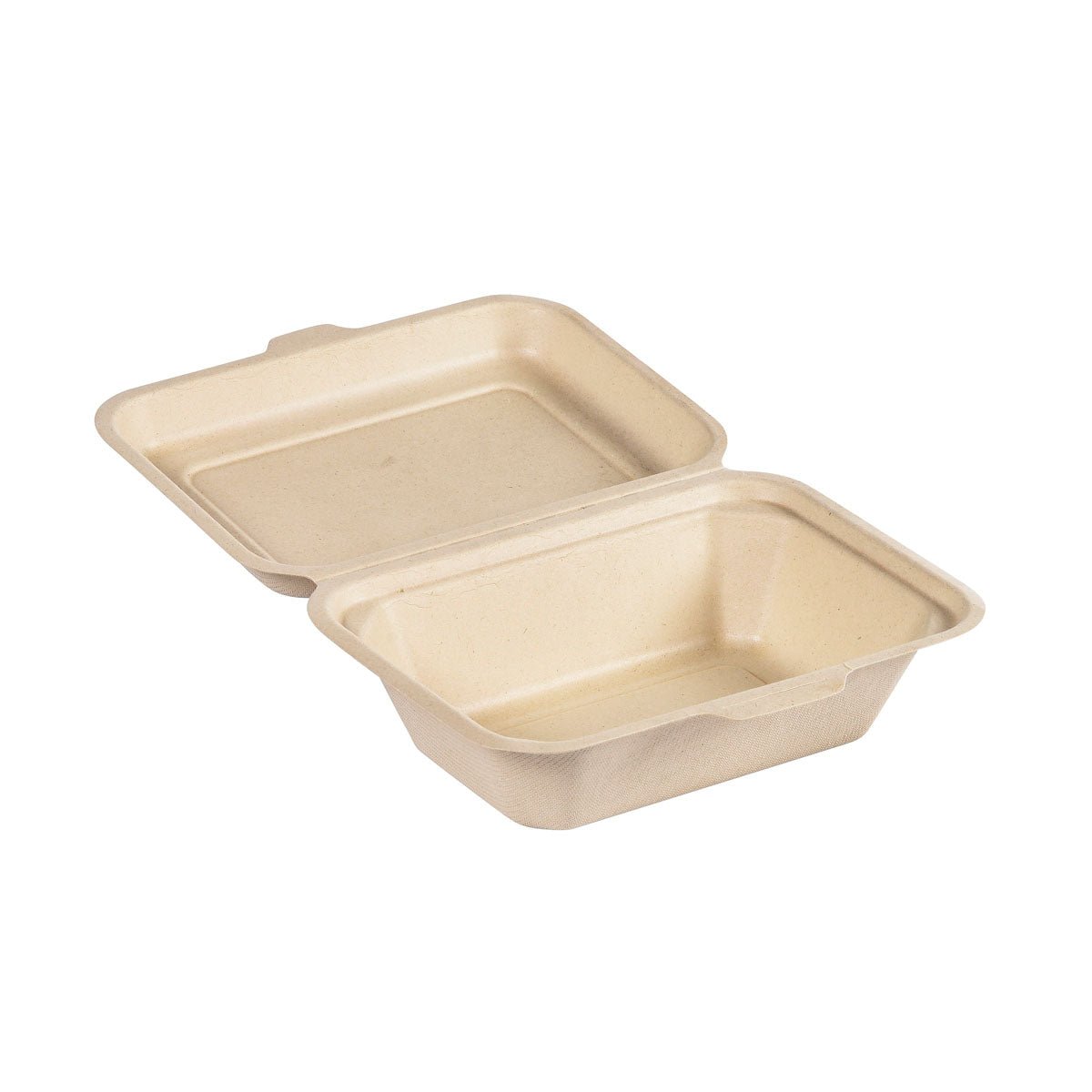 Clamshell 530 ml - nenatřený hnědý Bagasse 181x130x62 od Duni GmbH je zobrazen otevřený s víkem a prázdným vnitřním prostorem - udržitelný obal z lisované bagasy je biologicky odbouratelný. Balení obsahuje 50 kusů.