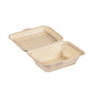 Clamshell 530 ml - nenatřený hnědý Bagasse 181x130x62 od Duni GmbH je zobrazen otevřený s víkem a prázdným vnitřním prostorem - udržitelný obal z lisované bagasy je biologicky odbouratelný. Balení obsahuje 50 kusů.