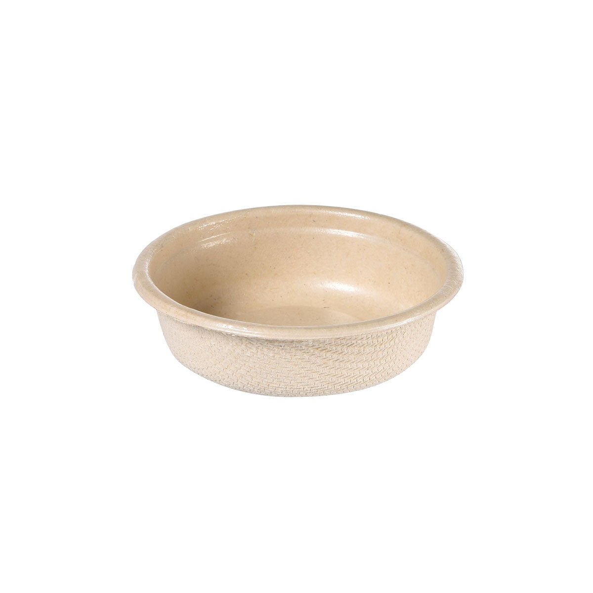 Bílý, kulatý, plochý dresinkový kelímek 30 ml od společnosti Duni GmbH z bagasy s PBAT/PLA povlakem (65x65x18 mm, balení po 150 kusech), se strukturovaným vnějším povrchem a hladkým vnitřním povrchem, na bílém podkladu.