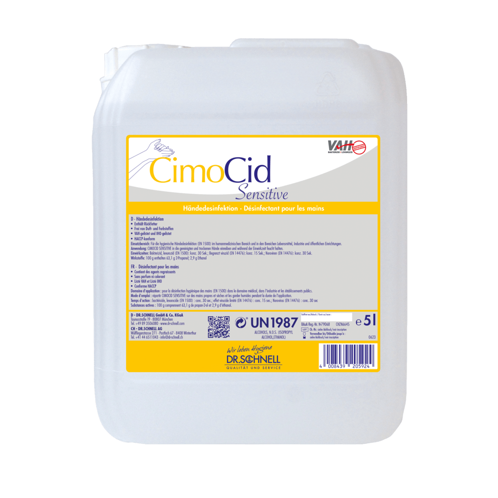 Bílá 5L plastová nádoba Dr. Schnell CIMOCID SENSITIVE dezinfekce na ruce od DR.SCHNELL GmbH & Co. KGaA se žlutou etiketou nabízí jemnou ochranu pokožky a účinné snížení počtu bakterií s vícejazyčnými pokyny pro použití a bezpečnost.