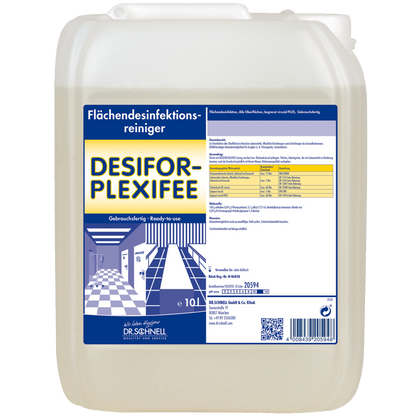 10litrový plastový kontejner od DR.SCHNELL Desifor PlexiFee Dezinfekční prostředek na povrchy, omezeně virucidní PLUS, s modro-bílou etiketou s informacemi o produktu, pokyny k použití a bezpečnostními varováními.