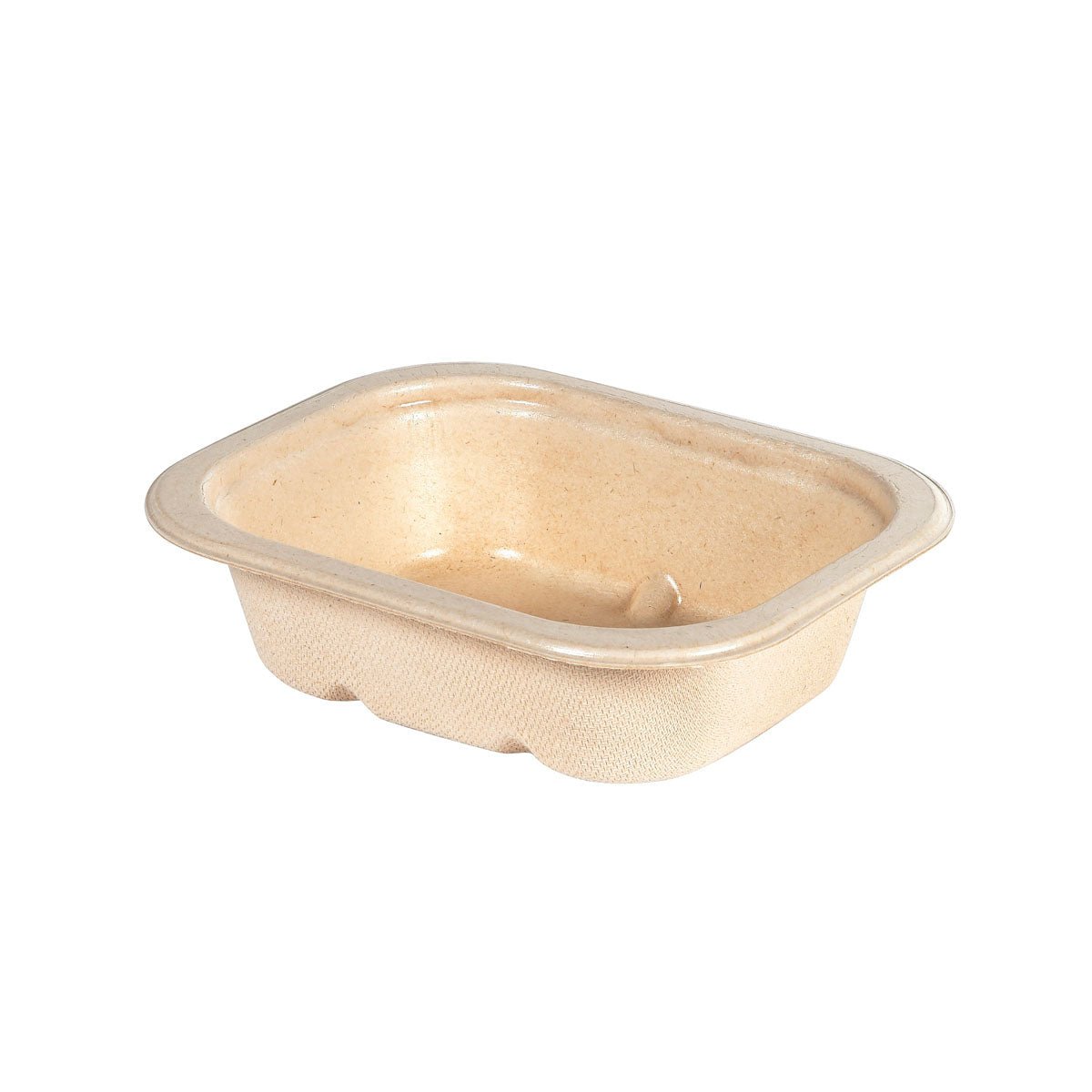Rektangulární, béžová tácka na boční jídlo Fibre 1-Comp 37 mm Natur Coated Bagasse (140x116x37mm) od Duni GmbH, vyrobená z kompostovatelných tvarovaných vláken, zobrazená prázdná na bílém pozadí. Velikost balení: 340 kusů.