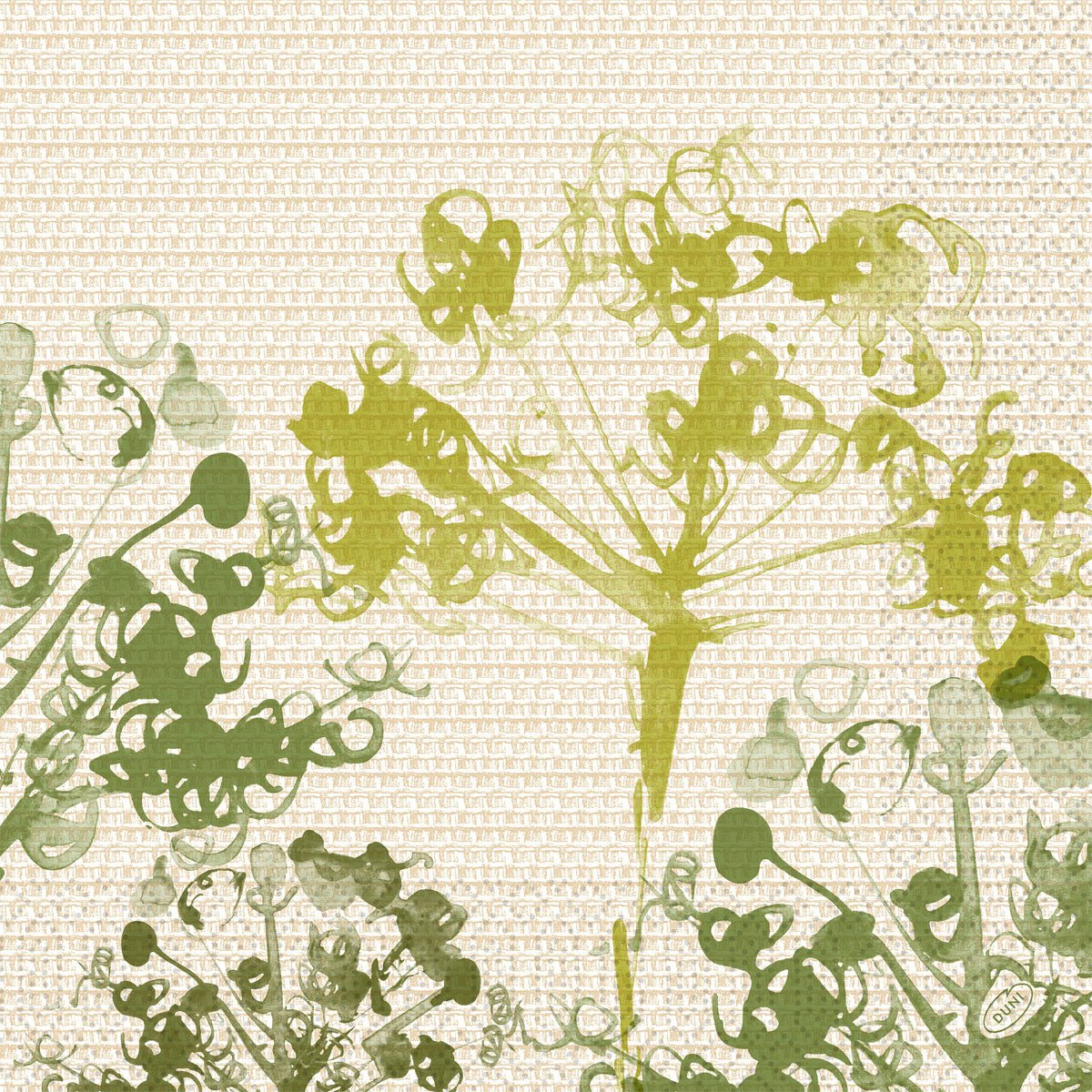 Zelené botanické siluety na strukturovaném béžovém, mřížkovaném pozadí vytvářejí organický, akvarelový vzhled - ideální pro udržitelné buněčné typy. Ubrousky 40x40 cm, 3-vrstvé, zelené od Duni GmbH (balení s 250 ubrousky).