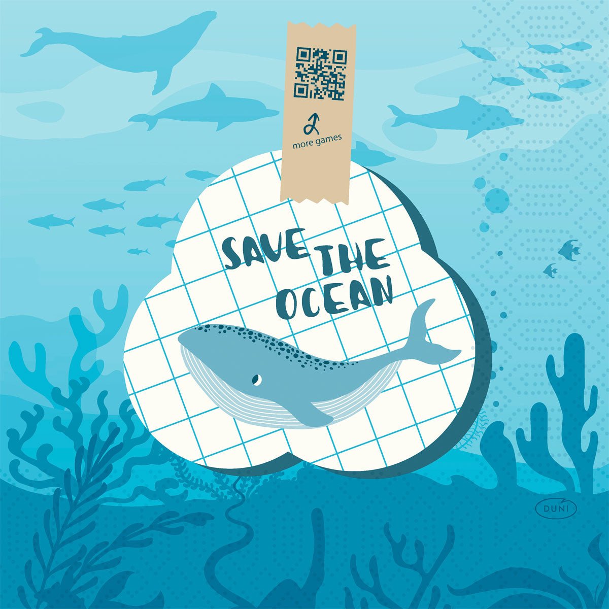 Ilustrovaná modrá mořská scéna s rybami, velrybou a rostlinami zdobí 3vrstvé papírové ubrousky „Save the Ocean“ (33x33 cm, balení po 50 kusech) od společnosti Duni GmbH, které jsou opatřeny QR kódem s nápisem „více her“ a jsou vyrobeny z recyklovaného papíru.