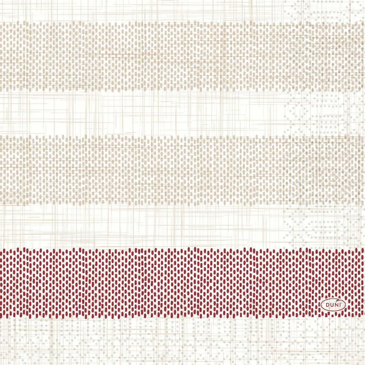 Die Duni GmbH Zellt.-Serv.33 3lg 1/4 Rigato bordeaux Servietten haben drei horizontale Bänder mit kleinen, gleichmäßig verteilten Punkten - zwei beige, eine bordeauxrot - mit schwachen Gitterlinien und einem kleinen roten "DUNI"-Oval in der rechten unteren Ecke. Packung mit 250 Stück.