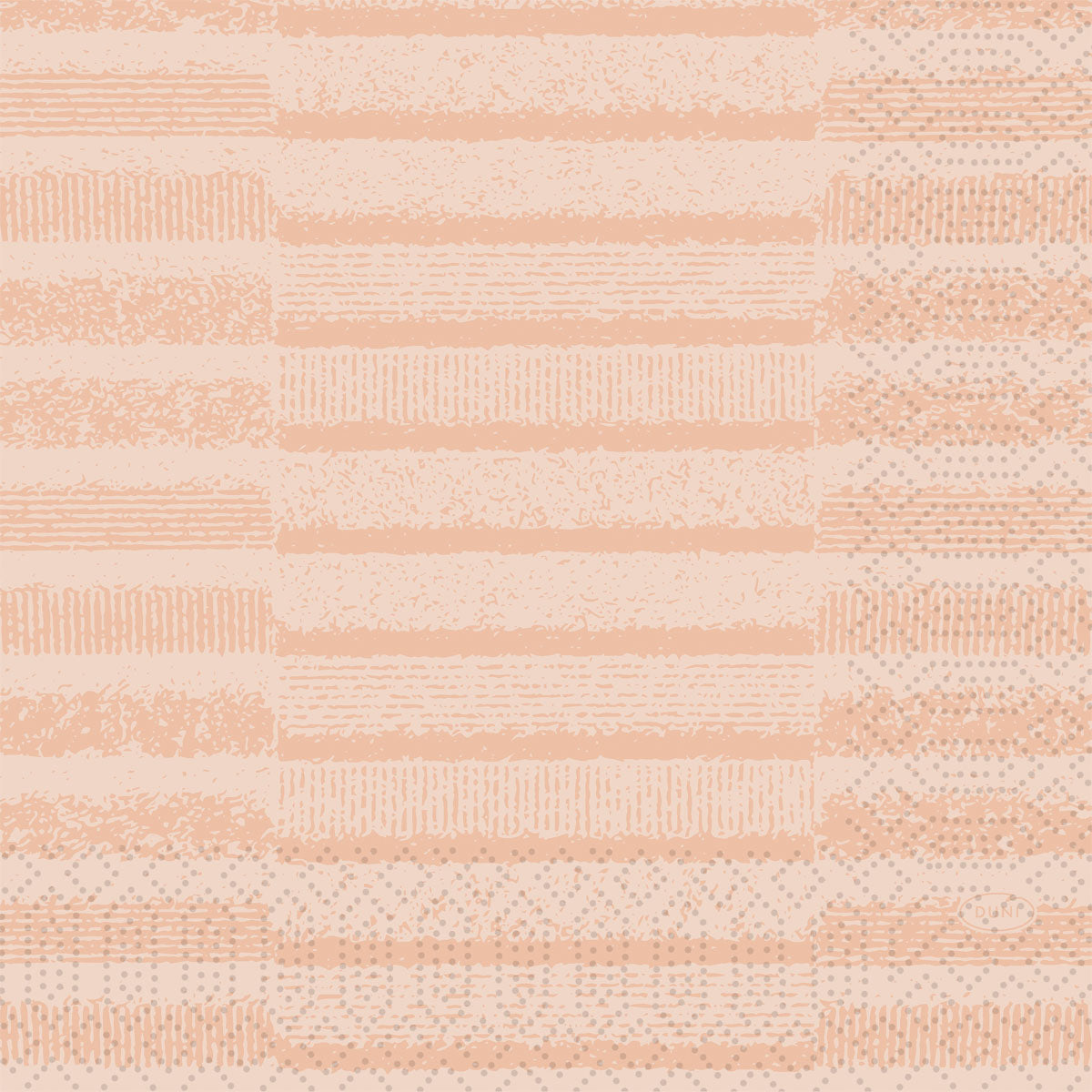 Die Zellt.-Serv.33 3lg 1/4 Tessuto staubrosa von Duni GmbH zeigt ein geometrisches Muster aus strukturierten Linien, Punkten und Formen in hellem Pfirsich auf Beige - perfekt für die elegante Tischgestaltung. Packung mit 250 hochwertigen Servietten.