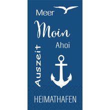 Die Duni GmbH Zellt.-Serv. 33 cm 2lagig 1/8-Falz Meer Freude Servietten (Packung mit 300 Stück) zeigt blaue maritime Designs mit deutschen Wörtern wie "Meer", "Moin" und weißen Ankern - ideal für Ihre See-Party!.