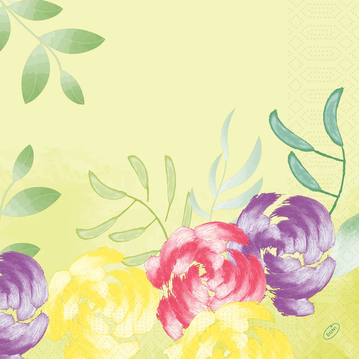 S jasně žlutým pozadím se zelenými listy a třemi velkými žlutými, růžovými a fialovými květy nabízejí "Ubrousky 40x40 cm 3-vrstvé Soft Tropics" od společnosti Duni GmbH tropický vzhled. Balení obsahuje 250 kvalitních ubrousků.