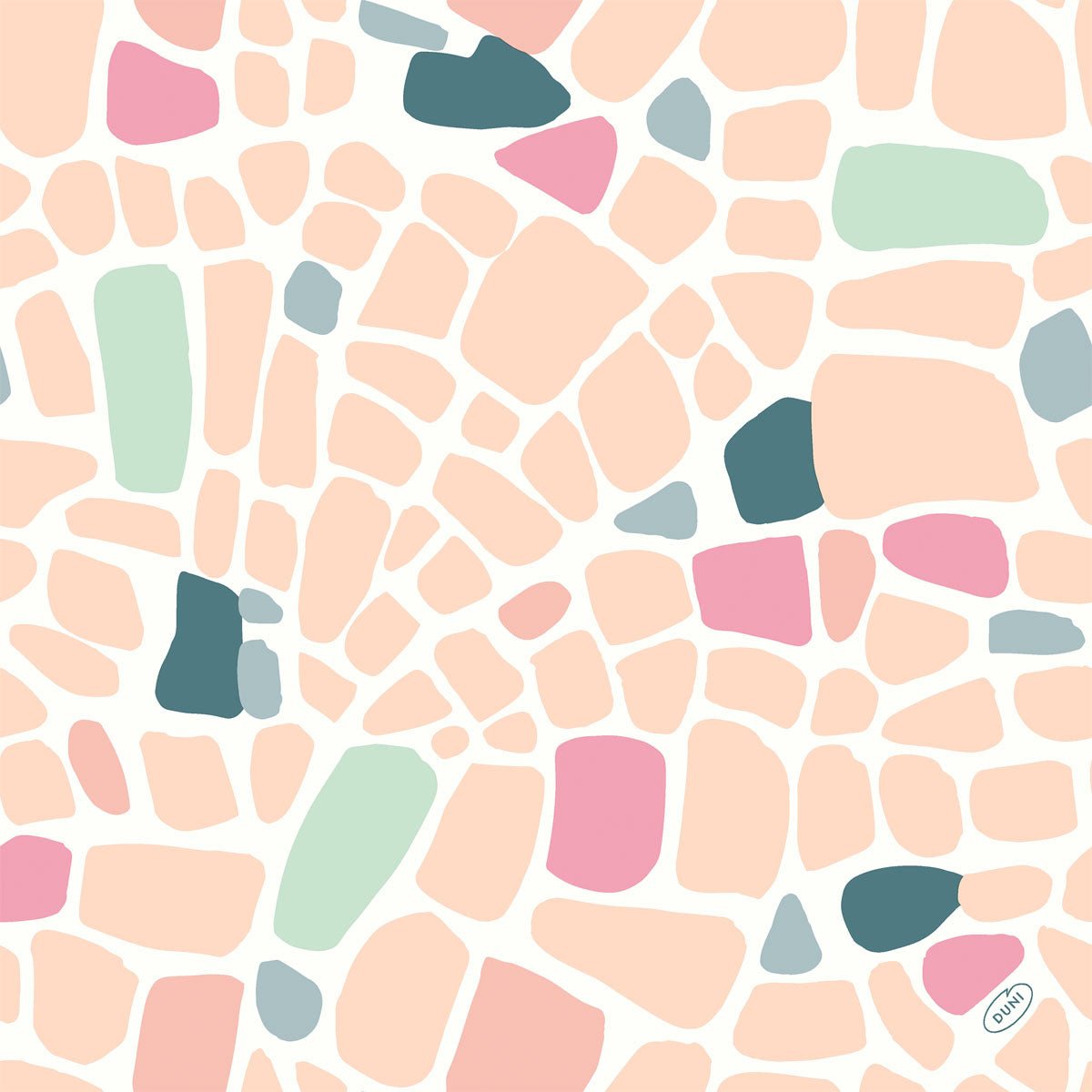 Ubrousky 40x40 4vrstvé Klassik Ocean Pebbles od společnosti Duni GmbH ukazují elegantní mozaiku z nepravidelných tvarů v růžové, broskvové, mátově zelené a tmavě modrozelené na bílém pozadí. Balení obsahuje 50 kvalitních ubrousků.