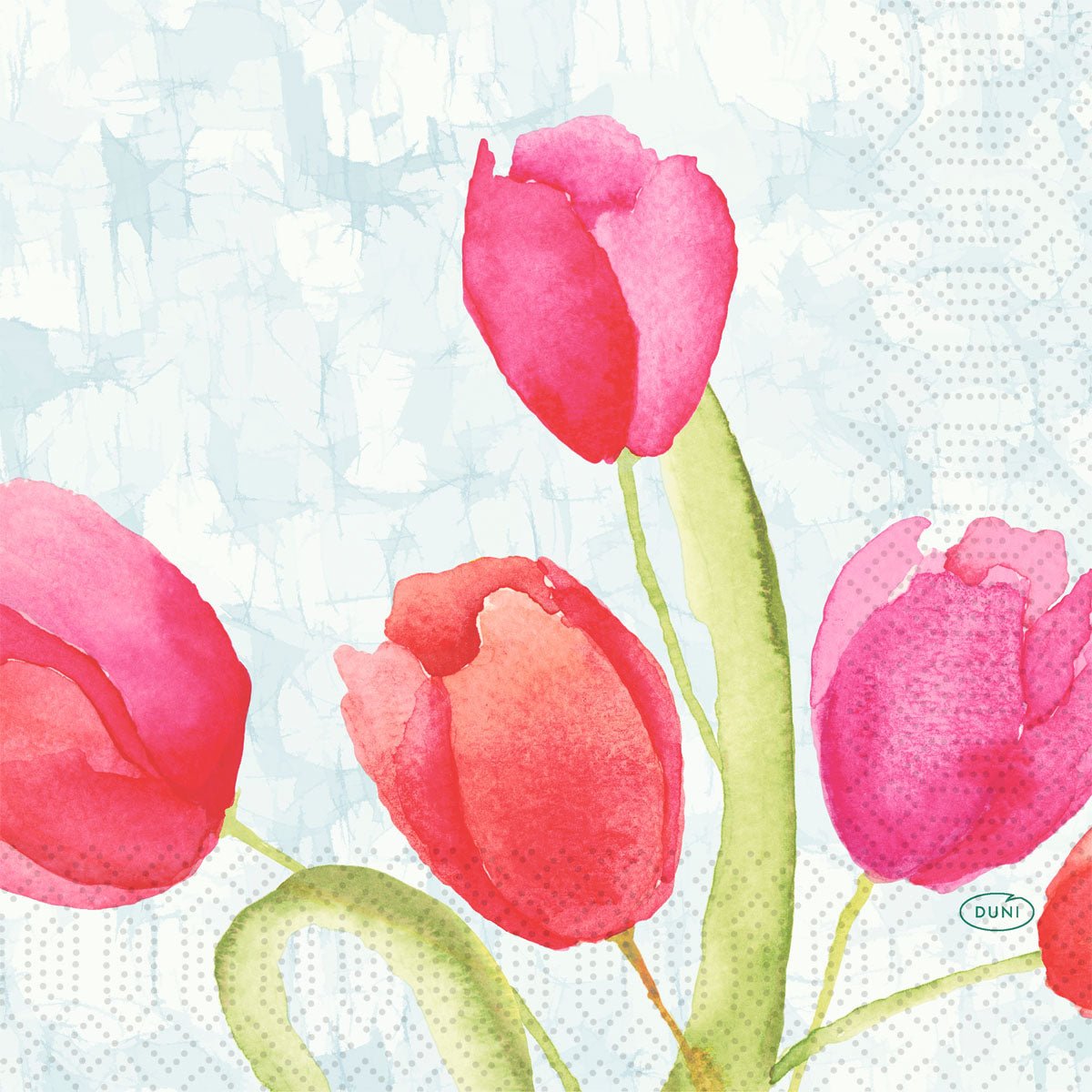 Duni GmbH ubrousky 33 cm 3vrstvé 1/4-skládané Painted Tulips papírové ubrousky (50 kusů) ukazují akvarelový design růžových a červených tulipánů na světle modrém, puntíkovaném pozadí - ideální pro stylovou stolní dekoraci nebo kvalitní papírové ubrousky.