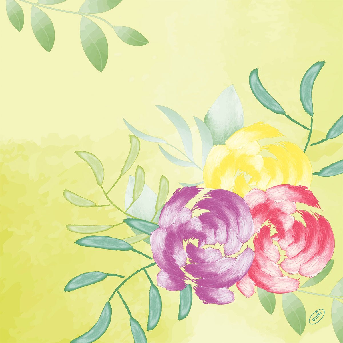 Ilustrace ve stylu akvarelu se žlutými, fialovými a růžovými květinami se zelenými listy na světlém žluto-zeleném pozadí, ideální pro Bio-Dunisoft-Serv. 40x40cm od Duni GmbH.