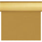 Eine Rolle goldfarbenes Geschenkpapier wird teilweise abgerollt und spiegelt das glatte, glänzende Aussehen und die gleichmäßige Textur der Dunisilk Tete a Tete 0,4x24m gold Tischdecke der Duni GmbH wider.