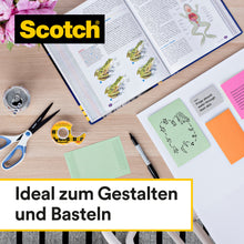 Ein Schreibtisch mit kreativen Werkzeugen - Schere, Dose, Stift, farbiges Papier, Haftnotizen und ein aufgeschlagenes Biologiebuch - ist mit Scotch® doppelseitigem Klebeband (2 Rollen, 12 mm x 6,3 m) von 3M Deutschland GmbH ausgestattet. Ideal zum Gestalten und Basteln.