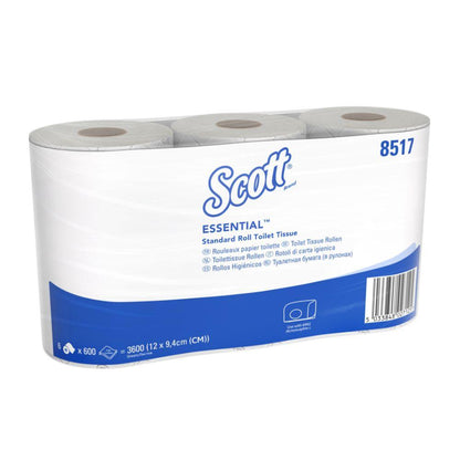 Toaletní papír Scott® Essential™ 8517 od společnosti Kimberly-Clark GmbH: 2-vrstvý, 36 roliček/21 600 listů v kartonu (6 balíčků), vyroben z recyklovaných vláken v ekologickém bílo-modrém obalu.