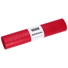 Eine Rolle mit 25 roten DEISS 21004 Abfallsäcken (700x1100 mm, Typ 60) der EMIL DEISS KG aus robustem Kunststoff ist mit einem Recycling-Symbol und einem weißen "DEISS Abfallsäcke"-Aufkleber versehen.