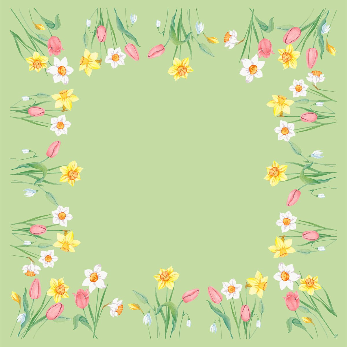 Bio-Dunicel-Mitteld.84x84 Frühlingsmelodie-ubrousky od společnosti Duni GmbH ukazují zelený čtverec, který je lemován žlutými narcisy, bílými narcisy a růžovými tulipány - svěží akcent pro jarní stůl. Střed je jednobarevný. Balení obsahuje 20 kusů.